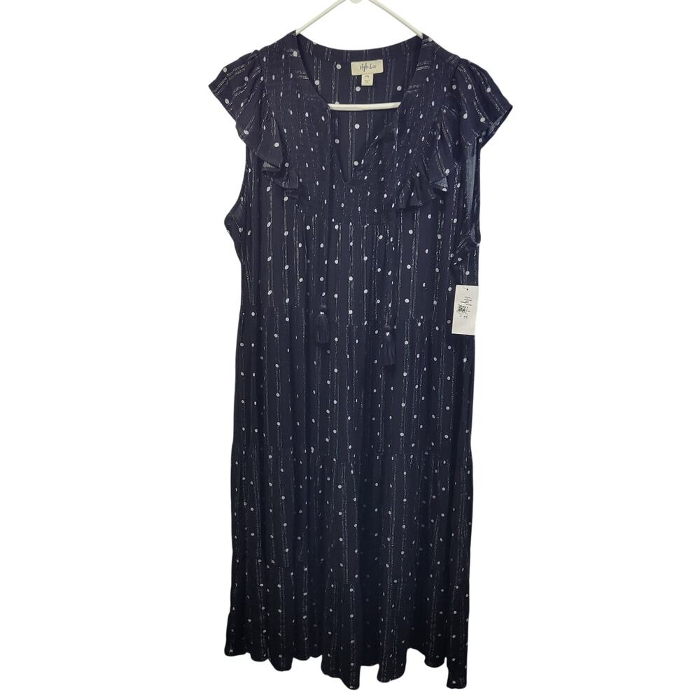 Style & Co Black/White Polka Dot & Metallic Stripe, Ruffle Sleeve Dress Size PXL